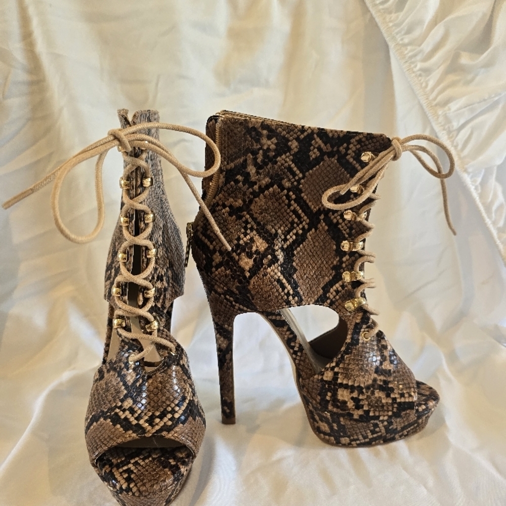 Brown and Black High Heel Ankle Boots with Peep-Toe - Picture 2 of 5